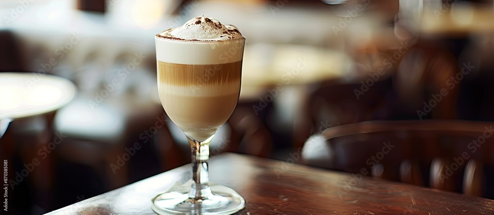 Poster cappuccino served in an elegant glass with ample copy space image.