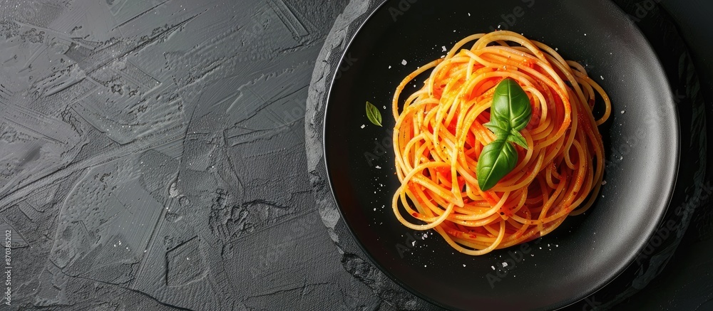 Aufkleber Appetizing plate of spaghetti on a black stone surface with room for text in the image. copy space available