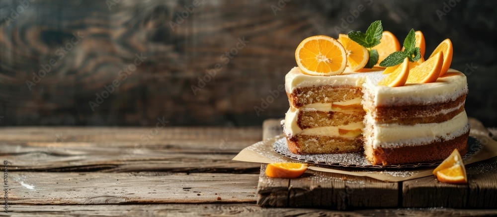 Poster orange cake decorated on a rustic wooden surface with copy space image.