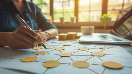 Close-up of hand with pen marking business strategy flowchart, surrounded by notes, laptops, coffee cups.