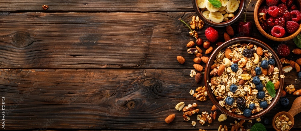 Poster granola with nuts and fruits displayed on wooden table from above, with ample copy space image.