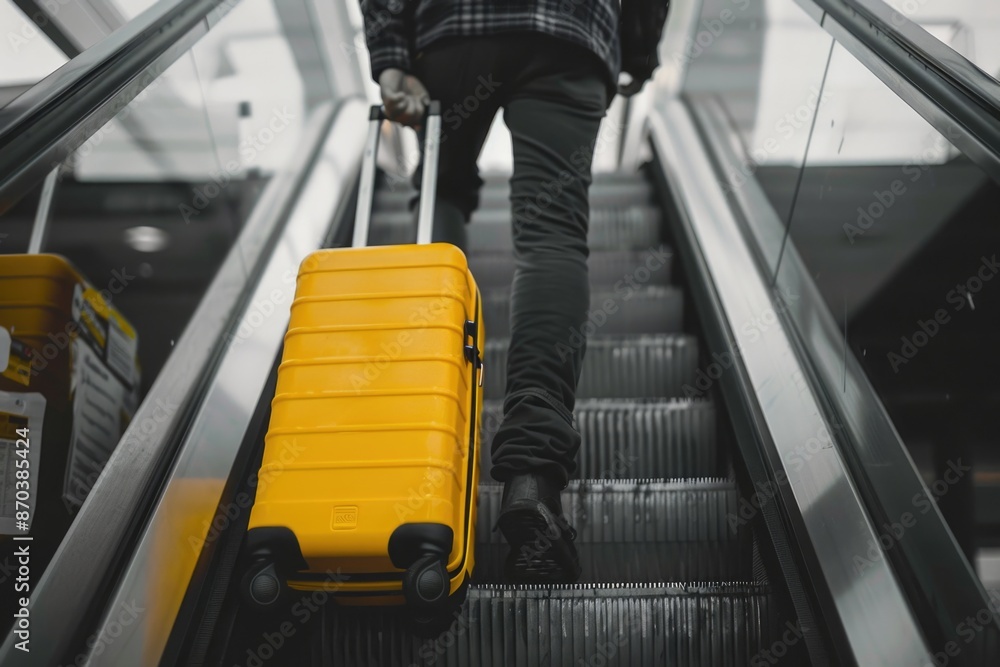 Poster a man is carrying a yellow suitcase up a set of escalators. the escalators are empty and the man is 