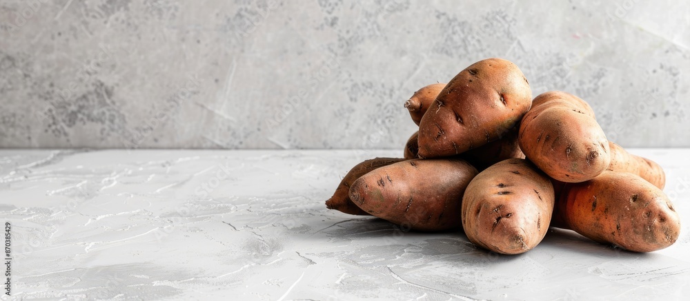 Poster Sweet potatoes displayed on a blank background with copy space image.