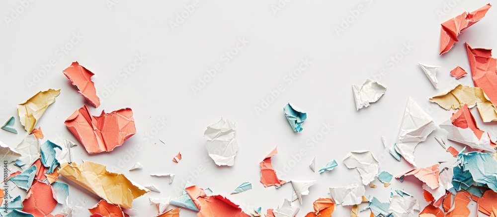 Poster assortment of torn paper pieces on a white backdrop with copy space image.