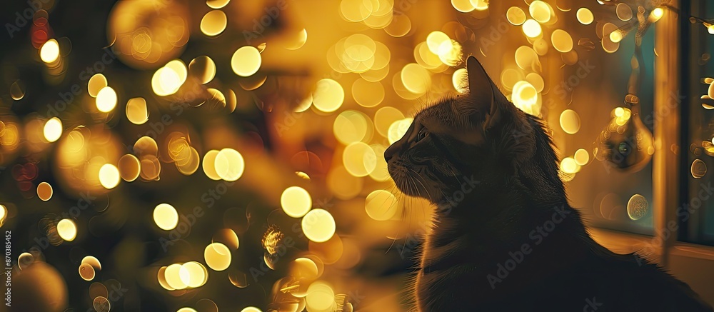 Poster Bokeh Christmas lights gently blurred in the background with a cat in the foreground, creating a cozy holiday atmosphere in the copy space image.