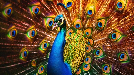 A vibrant peacock struts its feathers, the iridescent display of colors dazzling in the sunlight.