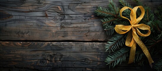 Fototapeta premium Wooden background adorned with a festive yellow ribbon for Christmas, featuring copy space image.