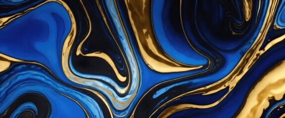 Fototapeta premium Black and blue color with golden lines liquid fluid marbled texture background