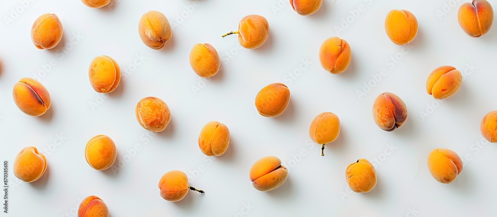 Poster Top view of apricot fruits on white backdrop with available copy space image for text, arranged in a flat lay pattern.