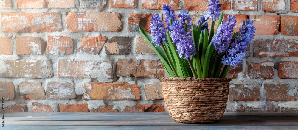 Aufkleber a charming display of hyacinths in a woven pot on a table by a brick wall, with a vacant area for te