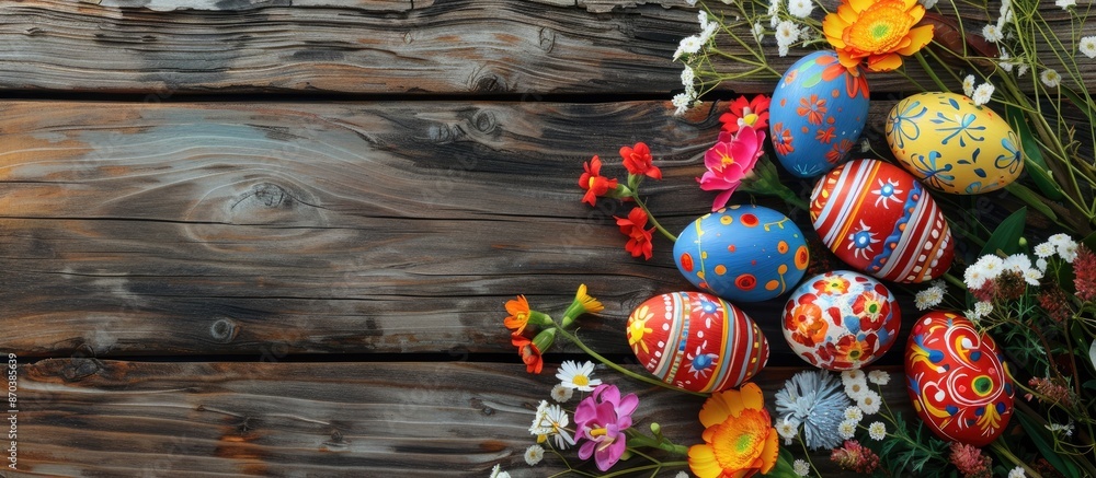 Poster easter-themed decorations like painted eggs and flowers on a wooden surface create a charming greeti
