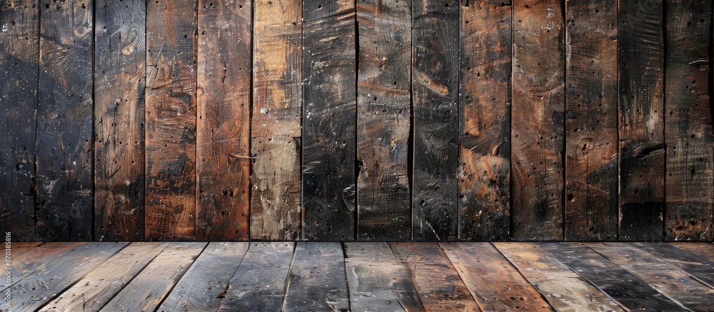Poster brown weathered wooden plank providing a rustic texture on an old wall, creating a natural pattern i