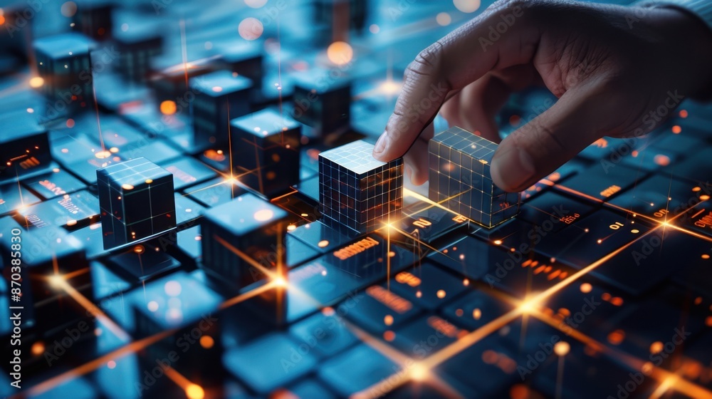Poster digital grid with glowing lines and a hand interacting