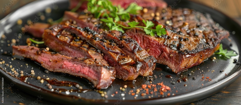 Poster grilled sheep pastrami on a plate with copy space image.