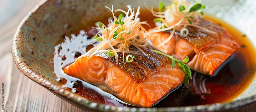 Poster salmon, boiled japanese-style, presented in a dish with copy space image.