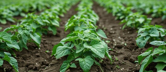 Obraz premium Young potato plants growing in neat rows in a field, with a rustic and charming vibe, perfect for a copy space image.