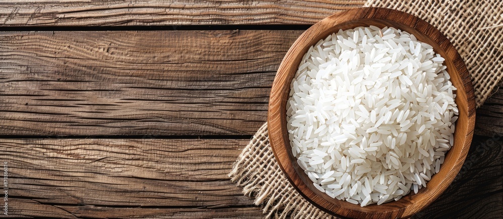 Poster high-resolution top-view close-up of white rice in a wooden bowl with abundant copy space image.
