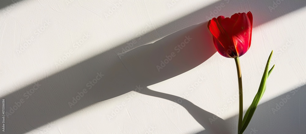 Poster isolated tulip flower casting a shadow on a white background, creating copy space image.