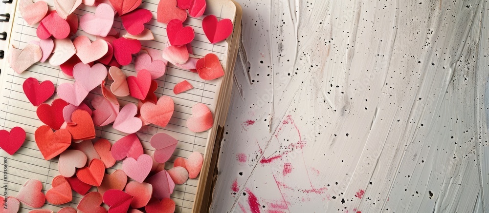 Poster Red and pink heart-shaped shards placed on a vintage notebook against a white background with a copy space image.