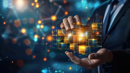 Businessman Holding 3D Digital Blocks