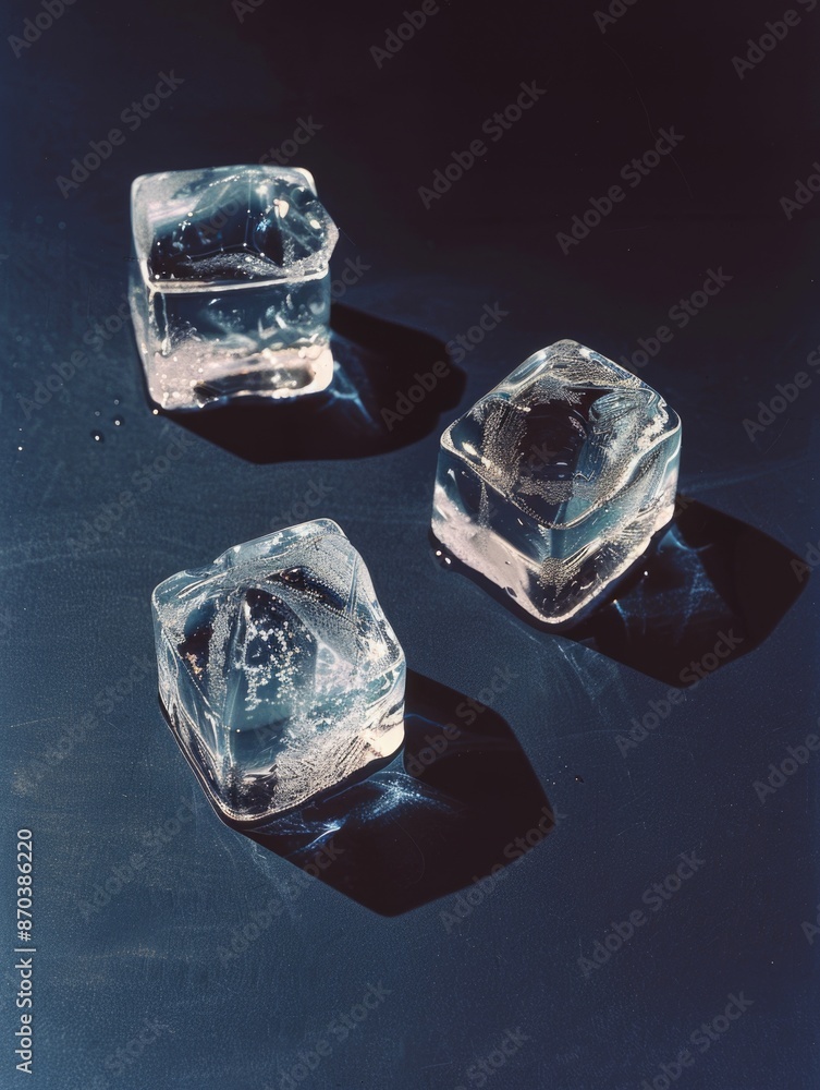 Poster three ice cubes are sitting on a dark surface. the cubes are clear and shiny, and they are arranged 