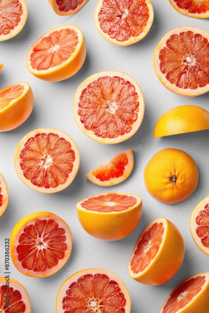 Poster a close up of many slices of grapefruit. the slices are cut in half and arranged in a pattern. conce