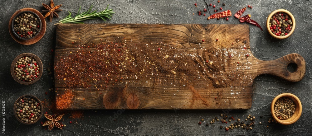 Poster Flat lay image of spices arranged around a wooden cutting board on a textured gray tabletop, with a designated copy space for text.