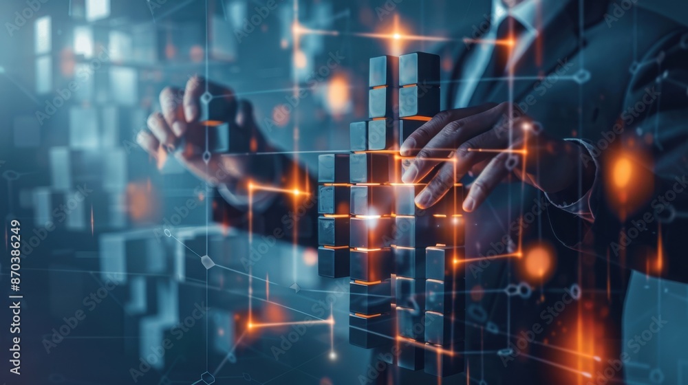 Poster building a digital future - businessman constructs a network