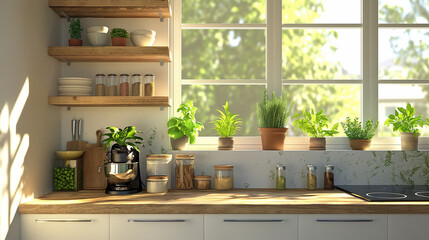Sunlit kitchen interior with potted plants on windowsill creating a cozy atmosphere