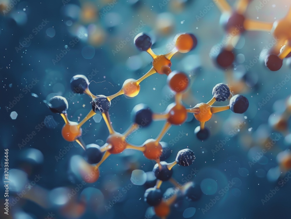 Poster a close up of a molecule with a blue background. the molecule is made up of many small spheres, some