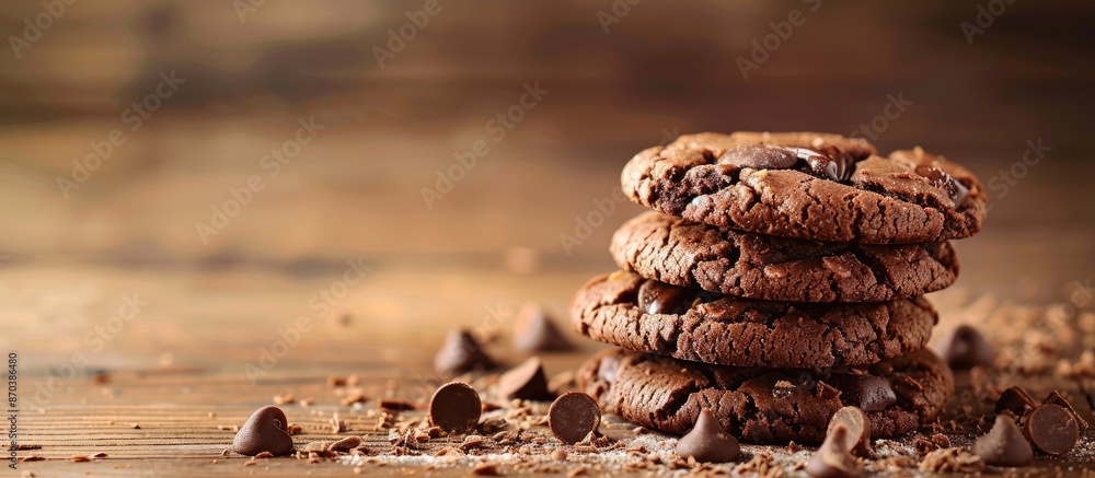 Poster pile of delicious chocolate cookies on a wooden table with copy space image.