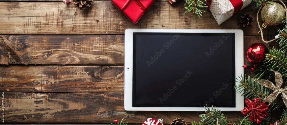 Poster a digital tablet mockup displayed with festive christmas decorations on a rustic wooden background i