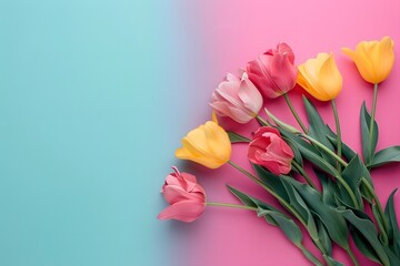 Colorful Tulips Arranged on a Pink and Blue Background. Generative AI