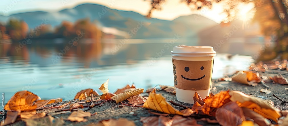 Poster fall-themed concept with a cheerful coffee cup featuring a smiling face amidst autumn leaves, with a