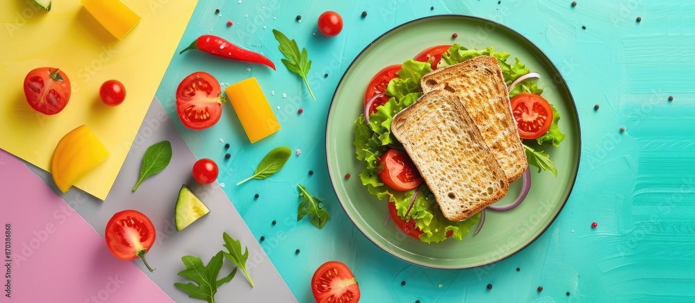Poster A plate featuring delicious toasts and fresh vegetables displayed on a colorful background with ample copy space image.