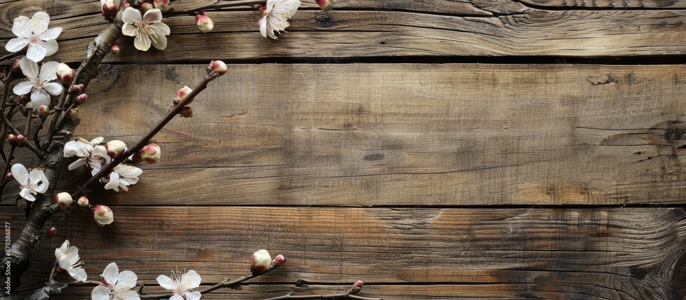 Poster Apricot tree branch in bloom against a wooden backdrop with a clear copy space image.