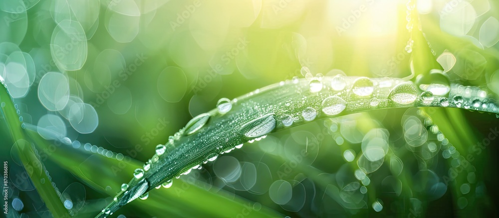 Poster fresh morning dew on a green grass leaf with a blurred background creating a serene and picturesque 