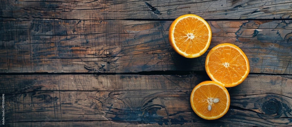 Poster Oranges cut in half displayed on a rustic wooden table with copy space image.