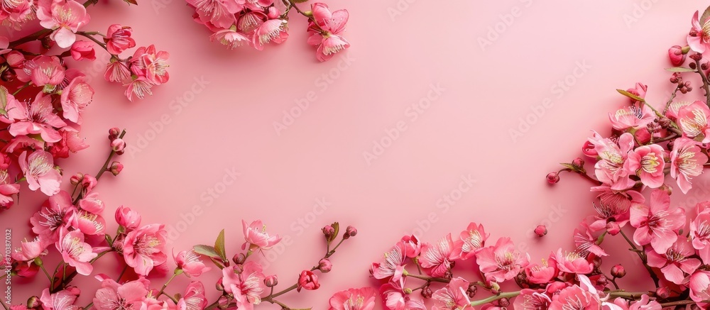Poster Soft pink flowers bordering a pastel pink background in a flat lay top view with room for text or graphics, creating a serene copy space image.