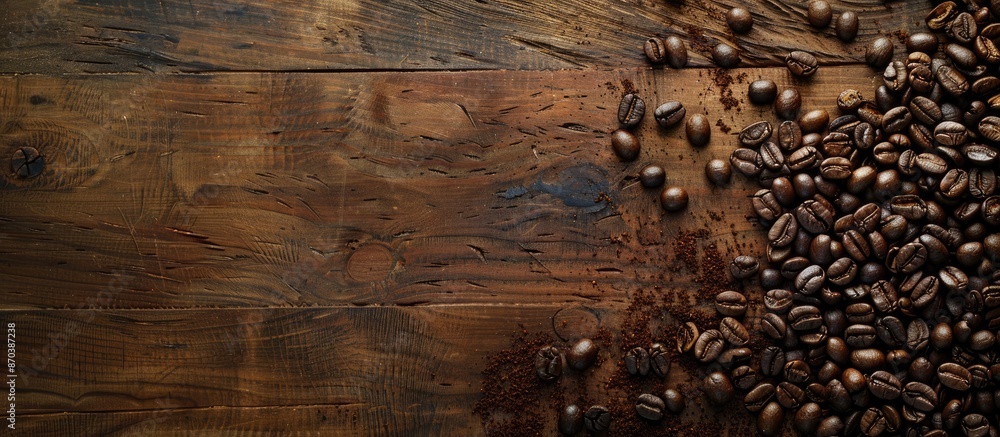 Aufkleber a rustic wooden backdrop with coffee beans and ample copy space image.