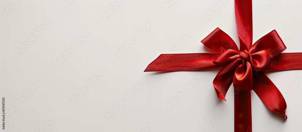 Poster red ribbon and bow on a blank white backdrop with copy space image.
