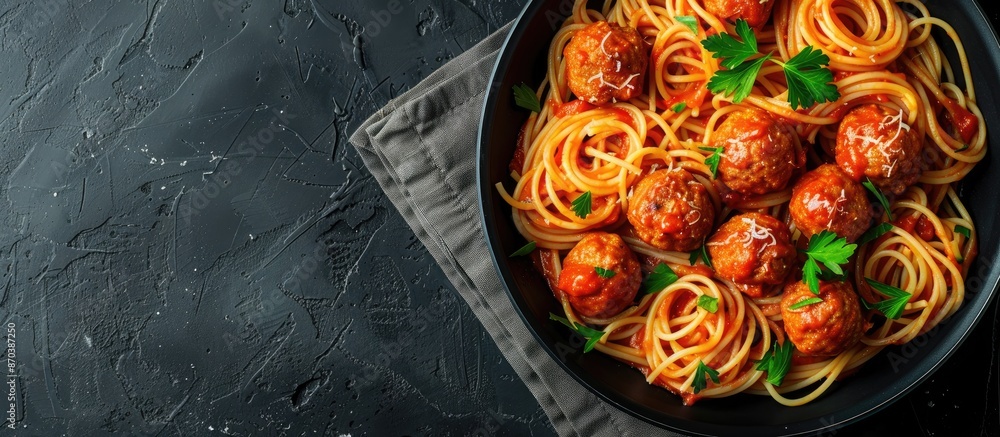 Aufkleber Top view of a frying pan containing spaghetti with meatballs in tomato sauce and parsley on a dark table background. Banner layout with copy space image included.