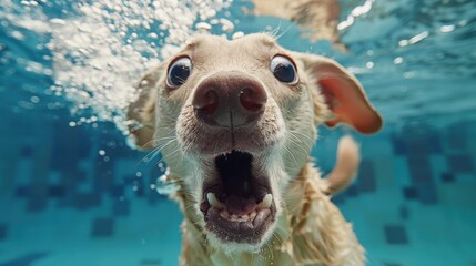 Dog swimming underwater with a surprised expression on its face