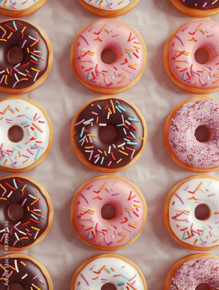 Poster a row of donuts with sprinkles on them. the donuts are of different colors and sizes