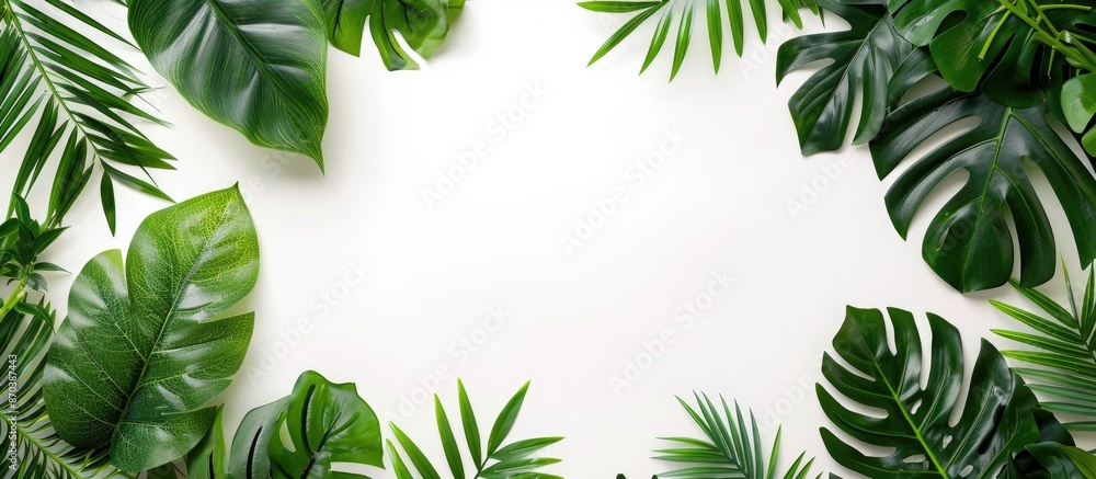 Poster copy space image featuring tropical green leaves and branches on a white background, creating a lush