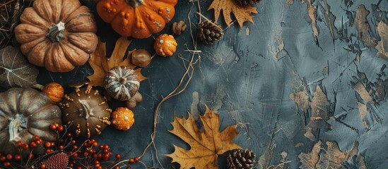 Fototapeta premium Thanksgiving-themed setup with pumpkins, leaves, and decor on a textured table in a top-down view, offering ample space for text in the image.