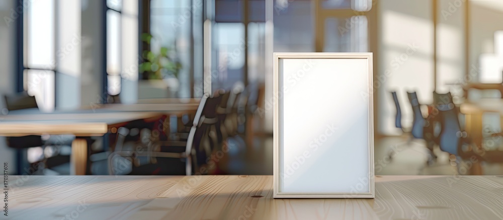 Aufkleber a label mock-up with empty frame displayed on a conference room table against a blurred background, 
