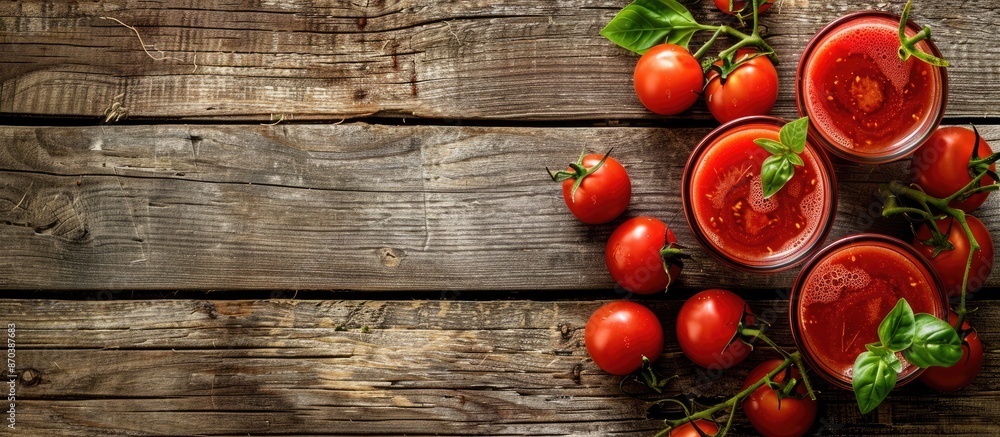 Aufkleber Fresh tomato juice in glasses arranged on a rustic wooden background with ample copy space image.