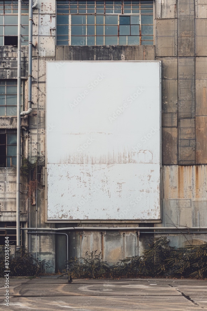 Poster a large white sign is on a building. the sign is empty and has a lot of rust on it. scene is somewha