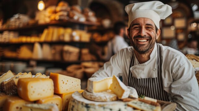 Cheese maker businesspeople, individual entrepreneur with workshop shelf. Traditional cheese store.